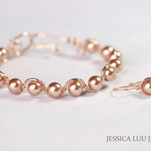 14K rose gold filled bracelet 7.5 inches around with multiple 8mm rose gold metallic pearls with matching earrings handmade by Jessica Luu Jewelry