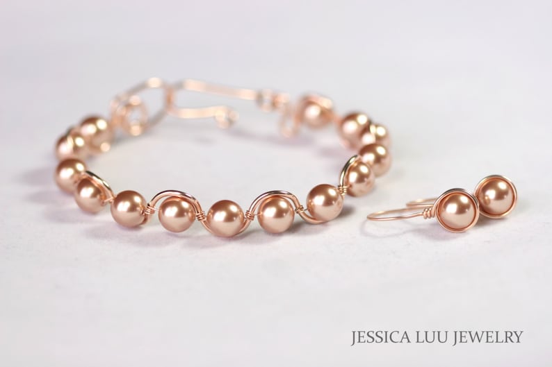 14K rose gold filled bracelet 7.5 inches around with multiple 8mm rose gold metallic pearls with matching earrings handmade by Jessica Luu Jewelry