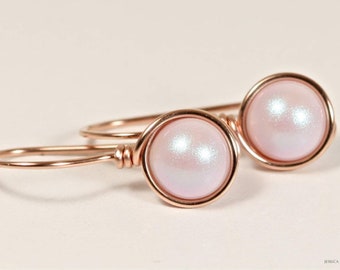 Rose Gold Iridescent Light Pink Pearl Drop Earrings - Wire Wrapped Dreamy Rose Pearl Handmade Jewelry