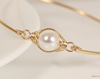 White Pearl Bangle Bracelet - 14K Yellow or Rose Gold Filled Wire Wrapped Handmade Jewelry