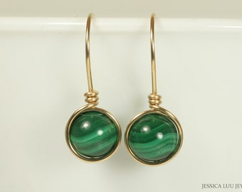 Gold Malachite Drop Earrings - 14K Yellow or Rose Gold Filled Minimalist Modern 8mm Green Gemstone Pierced Handmade Jewelry
