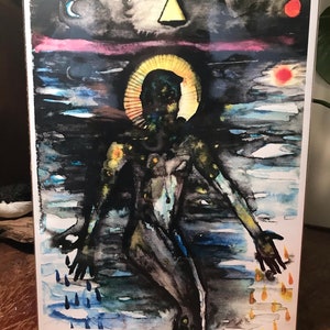 May include: A watercolour painting depicting a figure with a golden halo, arms extended, and watery features. The artwork uses a dark colour palette with yellow, blue, and red accents. The painting is signed with the year 2019.