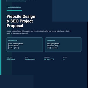 Op de afbeelding: Een donkerblauw en talingroen sjabloon voor een websiteontwerp en SEO-projectvoorstel met tijdelijke aanduidingen voor bureaugegevens, klantinformatie, projectomvang, datums en versienummers. Het document bevat tekstvelden voor logo's en contactgegevens.