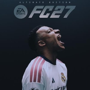Könnte beinhalten: Ein Videospiel-Cover mit einem Fußballspieler in einem weißen Real-Madrid-Trikot mit rosa Streifen auf den Schultern, der mit offenem Mund schreit. Der Text lautet EA SPORTS ULTIMATE EDITION FC27 vor einem dunklen Hintergrund.