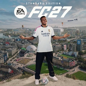 Puede incluir: Una portada de videojuego con el texto STANDARD EDITION FC 27 y el logotipo de EA SPORTS. Una persona viste una camiseta de fútbol blanca con detalles rosas y pantalones negros, con un balón de fútbol a sus pies sobre un fondo de ciudad panorámica.