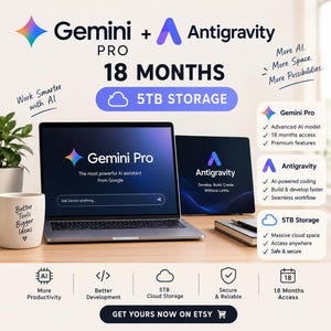 Puede incluir: Un gráfico promocional para Gemini Pro y Antigravity con una computadora portátil que muestra la interfaz de Gemini Pro, 18 meses de acceso y 5TB de almacenamiento en la nube. El texto incluye "More AI. More Space. More Possibilities." y "Work Smarter with AI."
