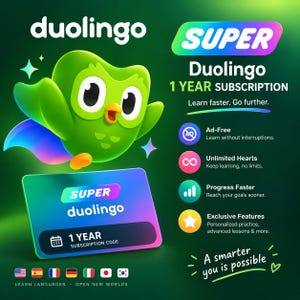Op de afbeelding: Een digitale afbeelding voor een Super Duolingo-abonnement van 1 jaar met de groene uil-mascotte, een kleurrijke abonnementskaart met een code en een lijst met voordelen zoals advertentievrij leren, onbeperkte harten en exclusieve functies.