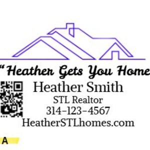 May include: A business card featuring a purple line-art house icon above the text "Heather Gets You Home", "Heather Smith", "STL Realtor", "314-123-4567", and "HeatherSTLhomes.com". A black and white QR code is on the left, and a yellow "A" is below.