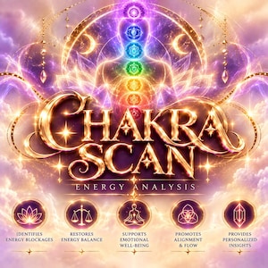 Könnte beinhalten: Eine digitale Grafik mit dem Titel CHAKRA SCAN ENERGY ANALYSIS, die eine leuchtende menschliche Silhouette mit sieben farbigen Chakrasymbolen zeigt. Darunter befinden sich fünf kreisförmige Symbole mit dem Text: IDENTIFIES ENERGY BLOCKAGES, RESTORES ENERGY BALANCE, SUPPORTS EMOTIONAL WELL-BEING, PROMOTES ALIGNMENT & FLOW und PROVIDES PERSONALIZED INSIGHTS.