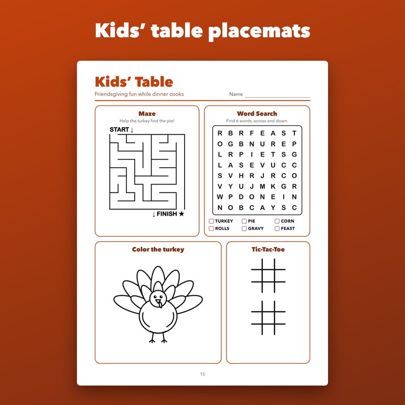 Printbare spelletjes voor Friendsgiving, Thanksgiving-quiz, dankbaarheidskaartjes, placemats voor kinderen afbeelding 2