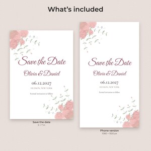 Sjabloon voor een Save the Date-kaart met aquarelbloemen, bewerkbare PDF-kaart en telefoonafbeelding. afbeelding 2