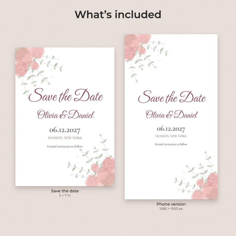Sjabloon voor een Save the Date-kaart met aquarelbloemen, bewerkbare PDF-kaart en telefoonafbeelding. afbeelding 2