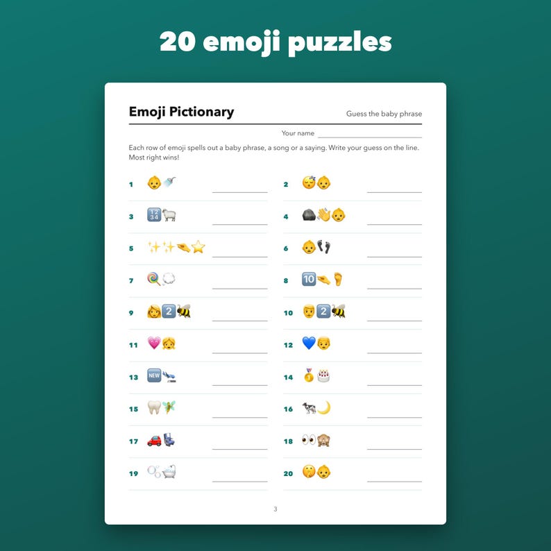 Baby Shower Emoji Pictionary Game Printable, 20 Puzzles with Answer Key image 2