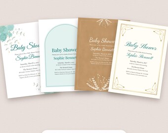 Sjabloon voor een uitnodiging voor een babyshower, bewerkbaar, genderneutraal PDF-bestand in 4 stijlen.