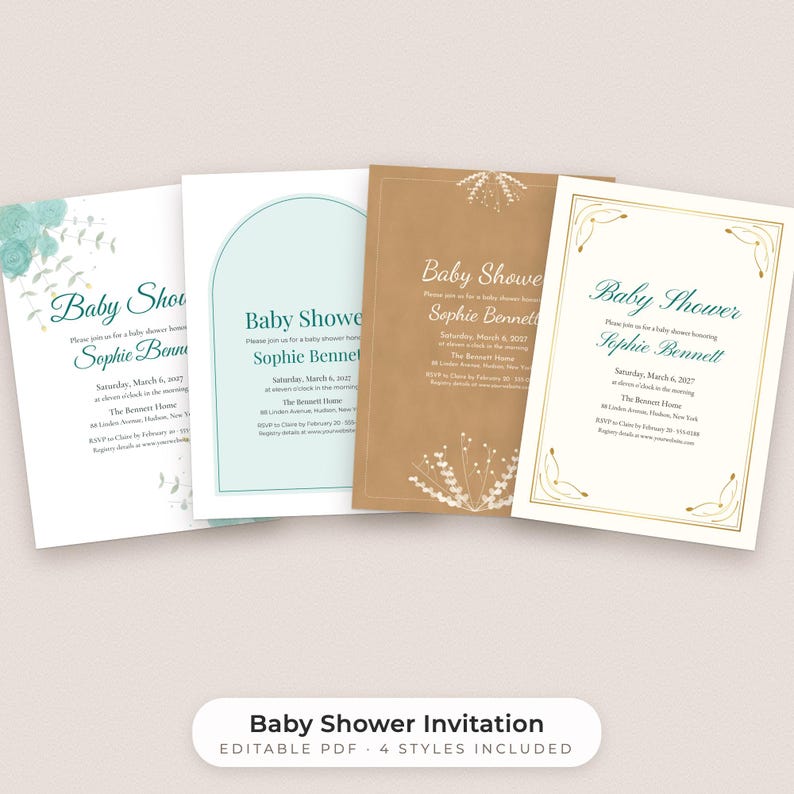 Baby Shower Invitation Template, Editable Gender Neutral PDF in 4 Styles image 1