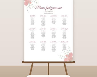 Aquarel bloemen trouwtafelindeling sjabloon, bewerkbaar formaat 18x24 en 24x36 inch