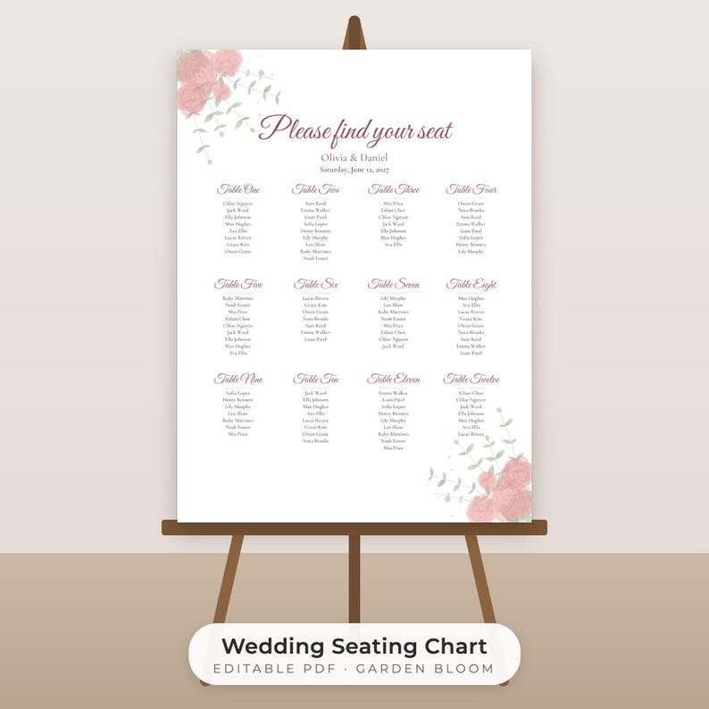 Vorlage für einen Sitzplan mit Aquarellblumenmuster für Hochzeiten, bearbeitbar, 18x24 und 24x36 Zoll Bild 1