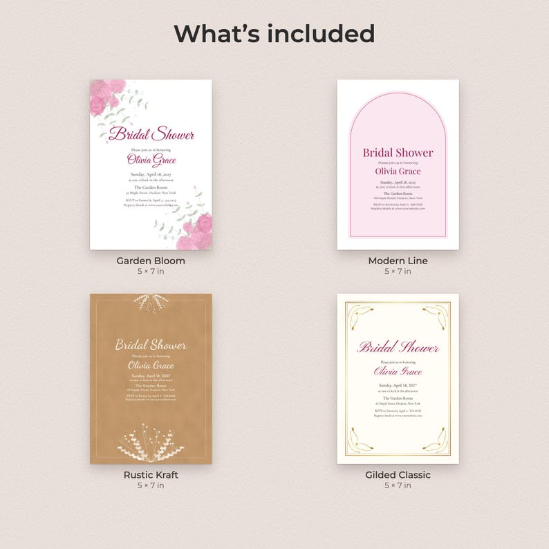 Bridal Shower Invitation Template, Editable PDF in 4 Styles, Floral Gold Rustic Modern image 2