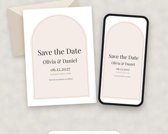 Modern minimalistisch Save the Date-sjabloon, bewerkbare PDF-kaart en telefoonafbeelding