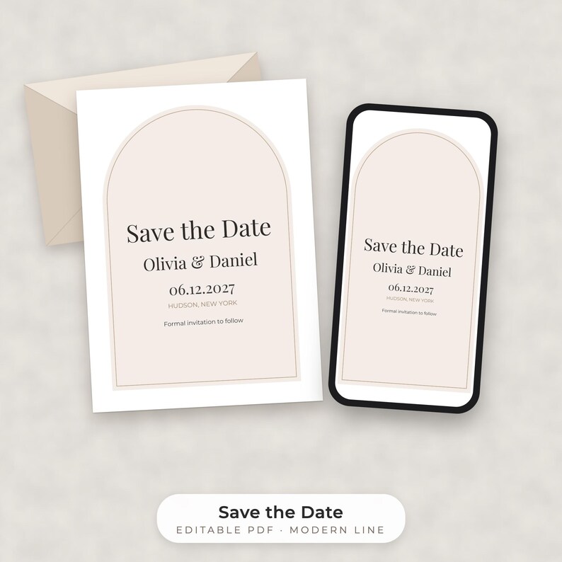 Modello moderno e minimalista per annunciare la data del matrimonio, cartolina PDF modificabile e immagine per telefono. immagine 1