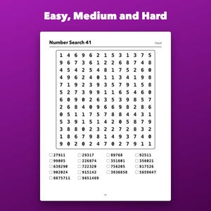 Large Print Number Search Printable for Seniors, 60 Puzzles Easy to Hard immagine 3