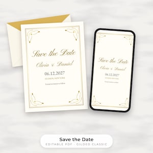Klassieke gouden Save the Date-sjabloon, bewerkbare PDF-kaart en telefoonafbeelding afbeelding 1