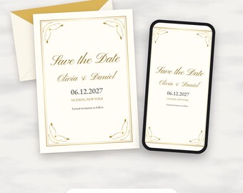 Klassieke gouden Save the Date-sjabloon, bewerkbare PDF-kaart en telefoonafbeelding