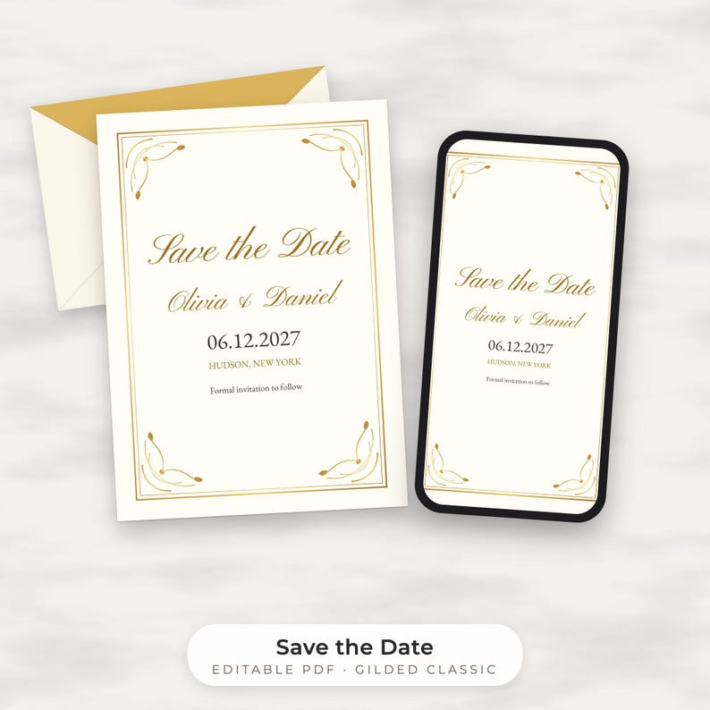 Klassieke gouden Save the Date-sjabloon, bewerkbare PDF-kaart en telefoonafbeelding afbeelding 1