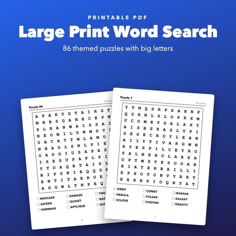 Large Print Word Search Printable for Seniors, 86 Themed Puzzles image 1
