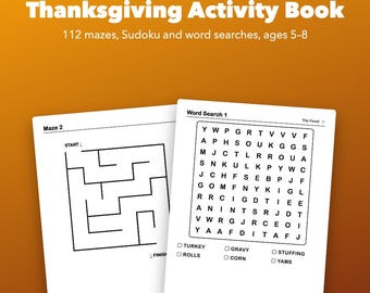 Thanksgiving Activity Book for Kids Ages 5-8, Printable Mazes, Sudoku, Word Search