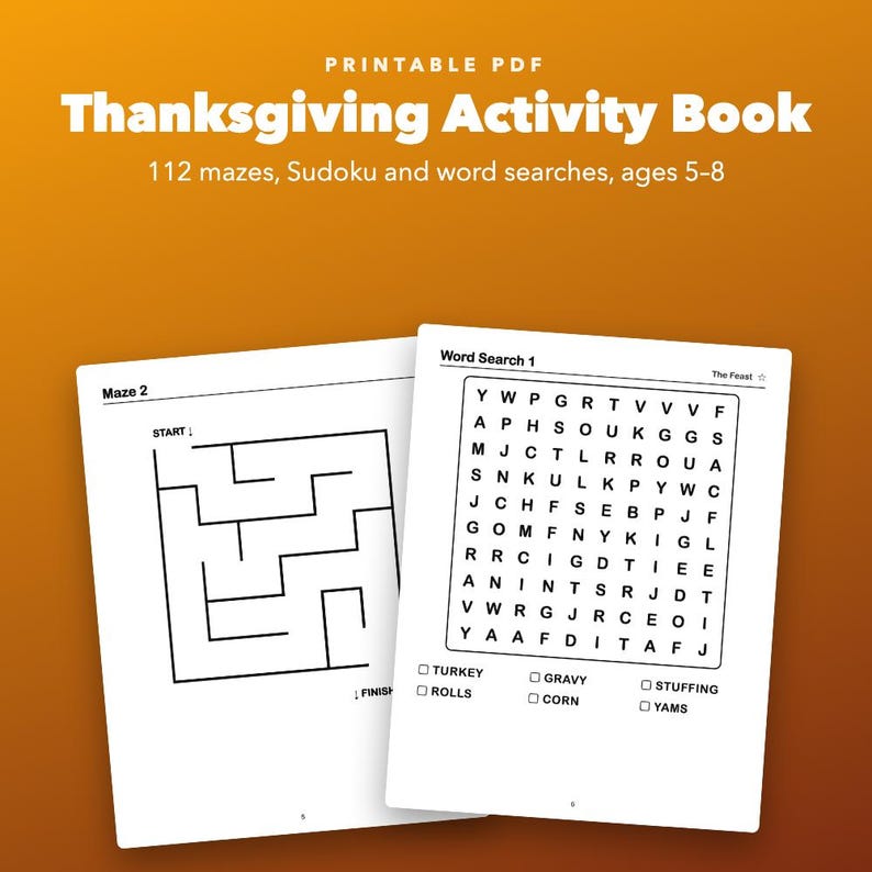 Thanksgiving Activity Book for Kids Ages 5-8, Printable Mazes, Sudoku, Word Search image 1