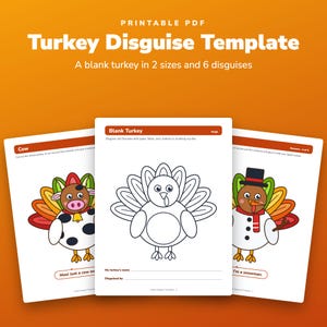 Turkey Disguise Template Printable, 2 Blank Sizes, 6 Costumes, Thanksgiving School Craft image 1