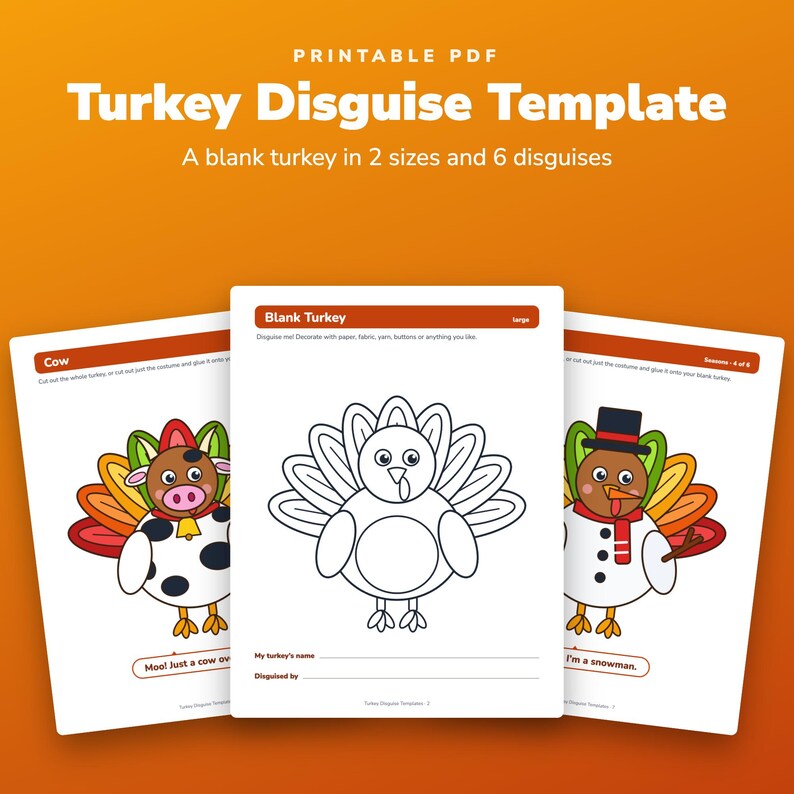Turkey Disguise Template Printable, 2 Blank Sizes, 6 Costumes, Thanksgiving School Craft image 1