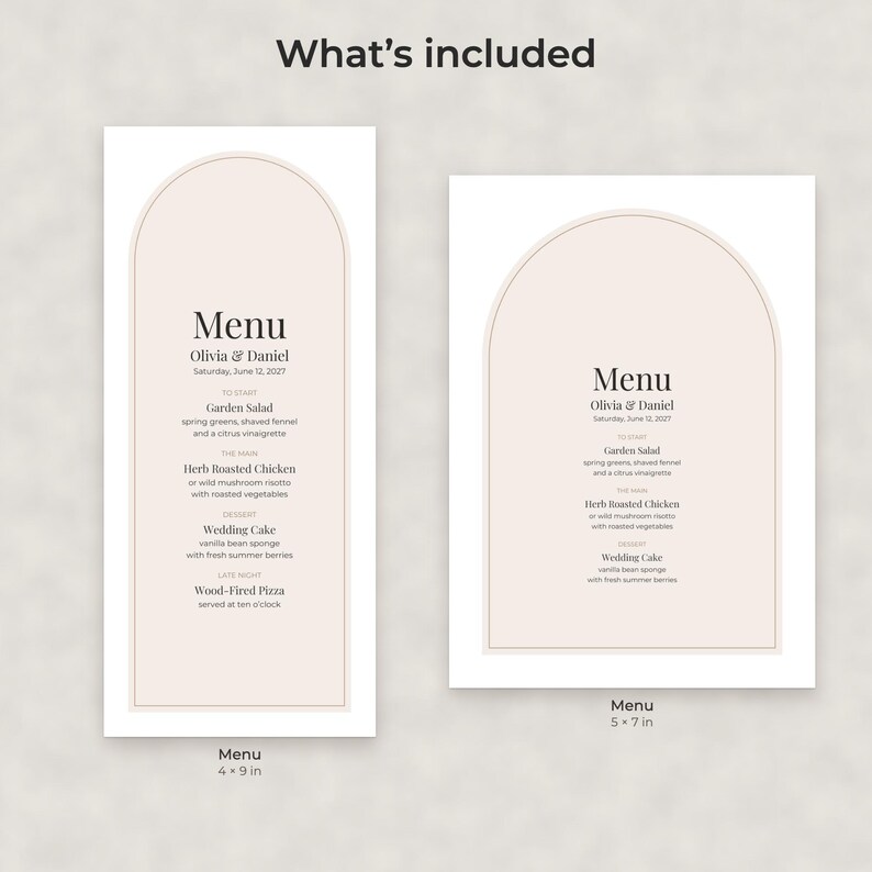 Moderne, minimalistische Hochzeitsmenü-Vorlage, bearbeitbares PDF in den Formaten 4x9 und 5x7 Bild 2