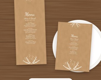 Rustiek kraftpapieren trouwmenu-sjabloon, bewerkbaar PDF-bestand in de formaten 4x9 en 5x7 inch.