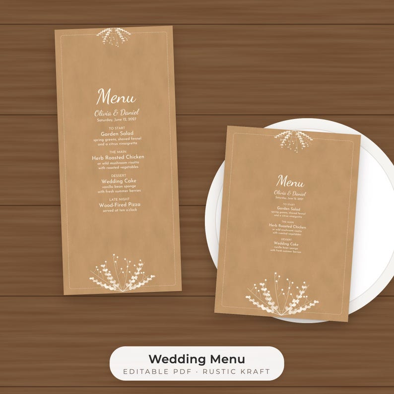 Rustic Kraft Wedding Menu Template, Editable PDF in 4x9 and 5x7 image 1