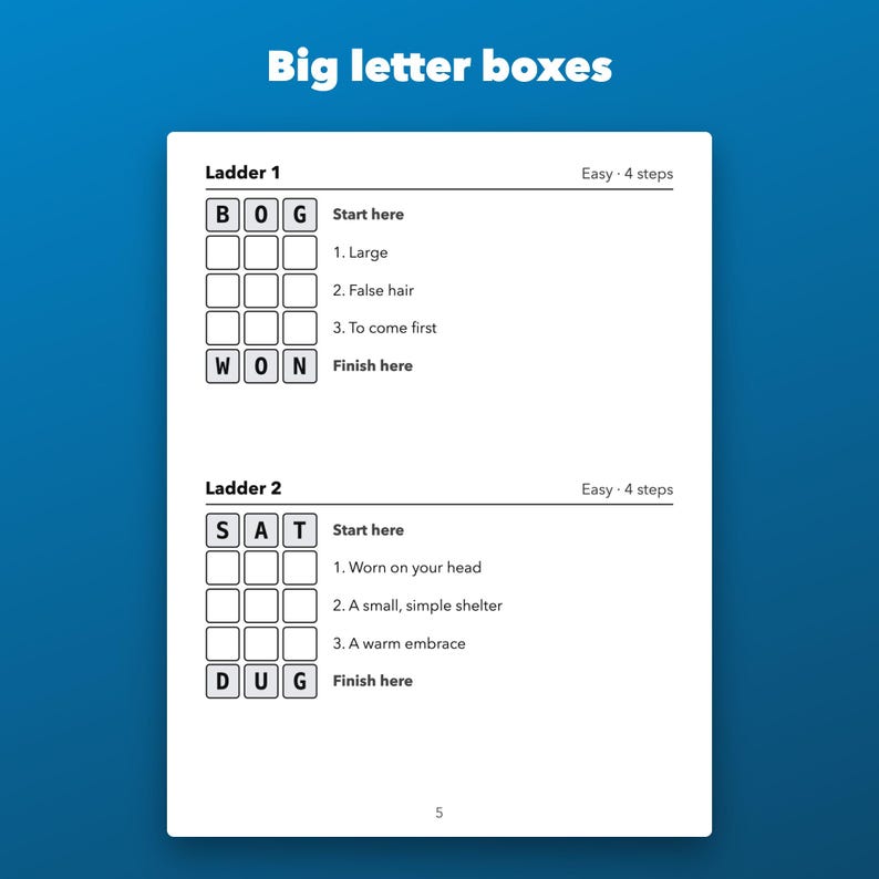 Large Print Word Ladders Printable for Seniors, 80 Puzzles with Clues image 2