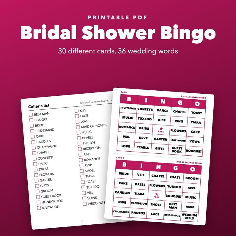 Bridal Shower Bingo Printable Game, 30 Different Cards image 1
