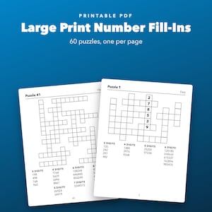 Large Print Number Fill-Ins Printable for Seniors, 60 Puzzles Easy to Hard image 1