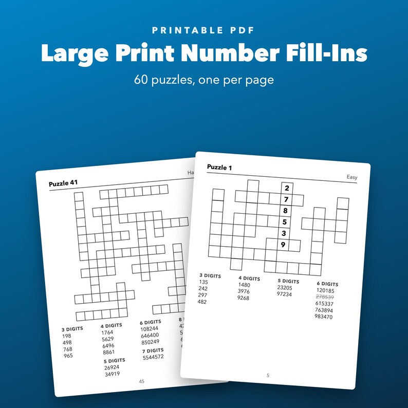 Large Print Number Fill-Ins Printable for Seniors, 60 Puzzles Easy to Hard image 1