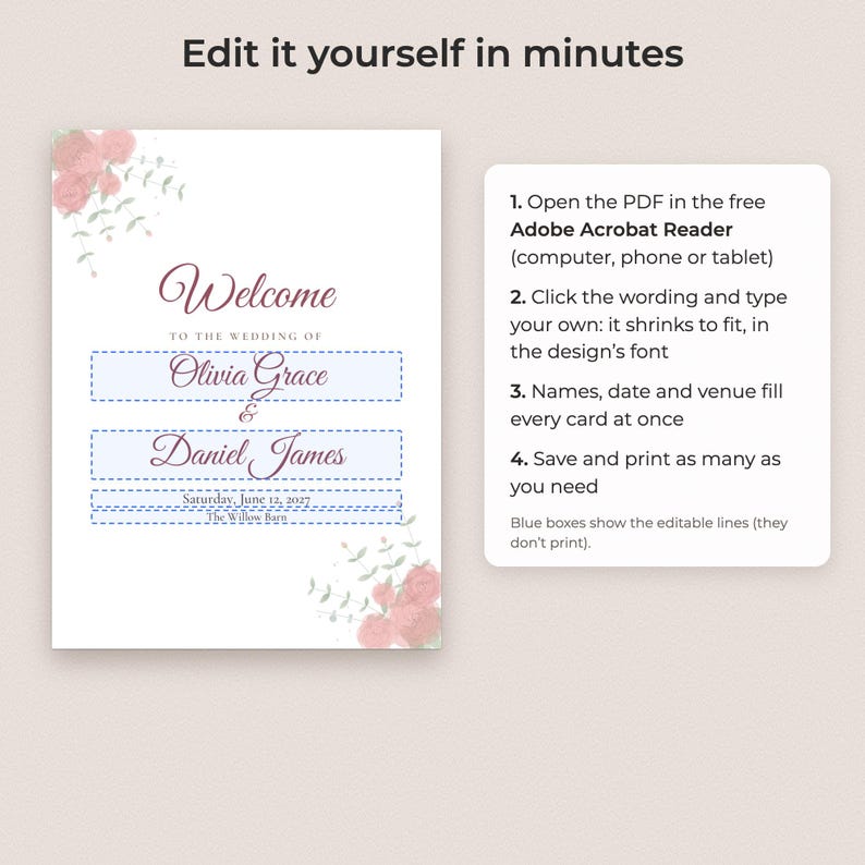 Watercolor Floral Wedding Welcome Sign Template, Editable 18x24 PDF Poster image 3