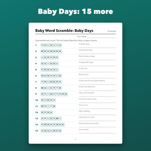Baby Shower Word Scramble Game Printable, 30 Puzzles with Hints and Answer Key image 3