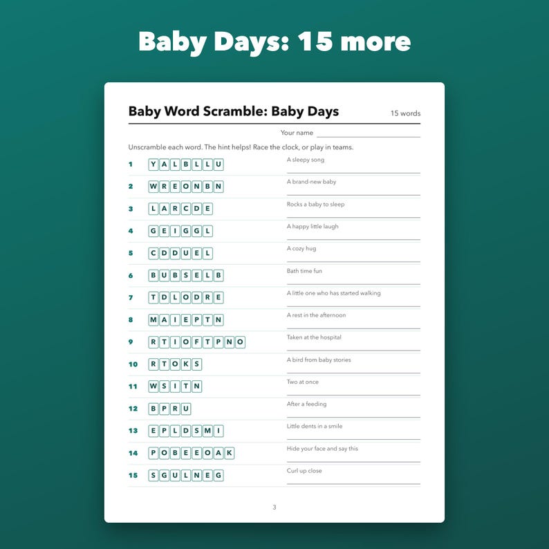 Baby Shower Word Scramble Game Printable, 30 Puzzles with Hints and Answer Key image 3