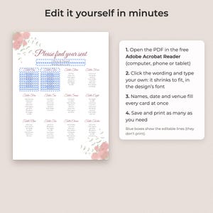 Vorlage für einen Sitzplan mit Aquarellblumenmuster für Hochzeiten, bearbeitbar, 18x24 und 24x36 Zoll Bild 3