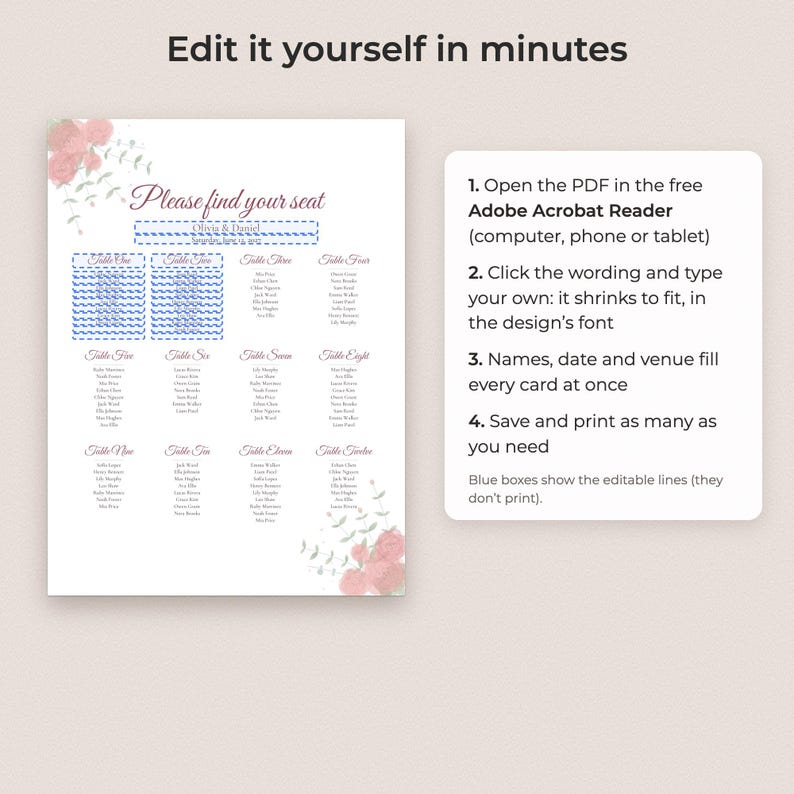 Vorlage für einen Sitzplan mit Aquarellblumenmuster für Hochzeiten, bearbeitbar, 18x24 und 24x36 Zoll Bild 3