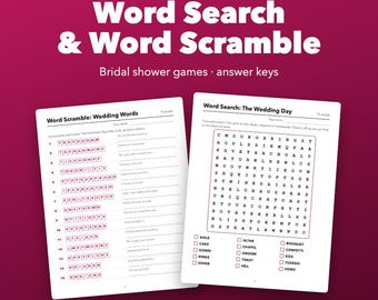 Ordsökning och Scramble för möhippa, utskrivbara spel med svarsnycklar