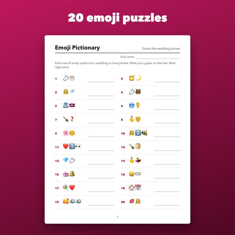 Gra Emoji Pictionary na Wieczór Panieński do druku, 20 łamigłówek z frazami ślubnymi zdjęcie 2