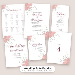 Paquete de plantillas de boda con motivos florales en acuarela, invitación editable, menú, plano de mesas y carteles. imagen 1