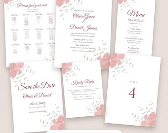 Pakket met sjablonen voor een bruiloft met aquarel bloemen, inclusief bewerkbare uitnodiging, menu, tafelindeling en bewegwijzering.