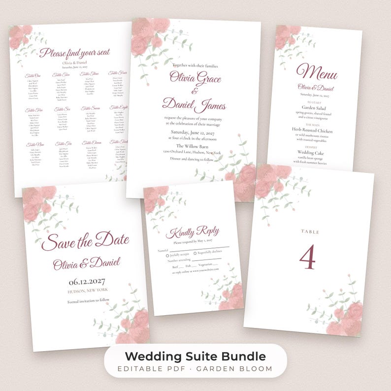 Paquete de plantillas de boda con motivos florales en acuarela, invitación editable, menú, plano de mesas y carteles. imagen 1